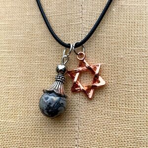 Handmade Sphere Swirl Stone Amulet with Star of David Charm